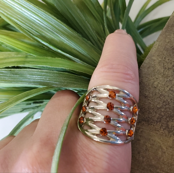 Silver Tone Adjustable Band Ring with Orange Brown Jewels 💥3 for $24💥 - Picture 10 of 15